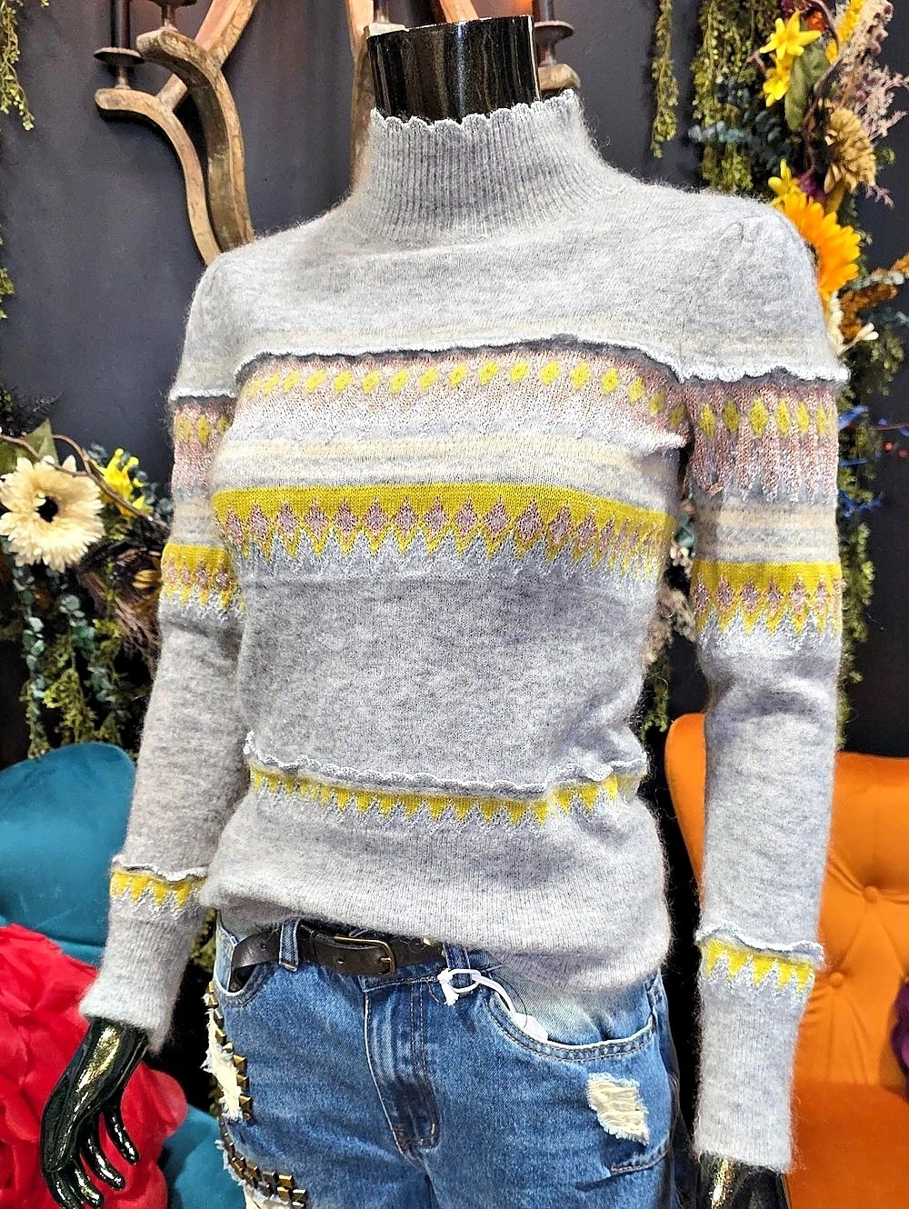 BCBG Maxazria Wool & Mohair Textured & Embroidered Turtleneck Sweater